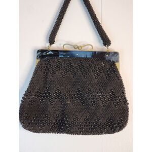 Vintage Black Corde Bead Beaded Crochet‎ Handbag Purse.  Beautiful!!!